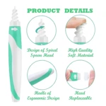 Limpiador de oídos con cabezal en espiral, mango ergonómico y repuestos reemplazables.