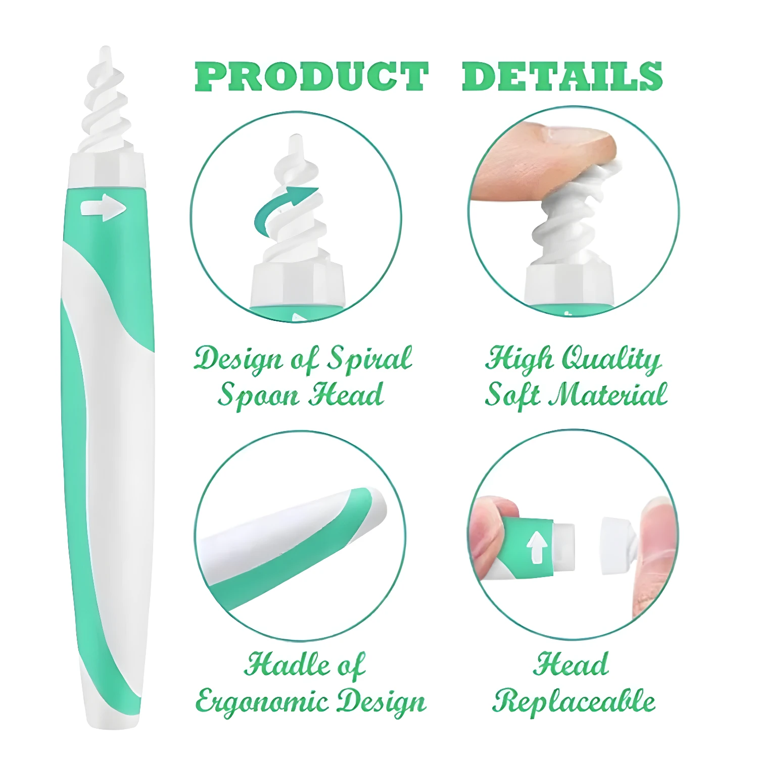 Limpiador de oídos con cabezal en espiral, mango ergonómico y repuestos reemplazables.