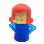 Set x2 limpiador de microondas: figura femenina roja y azul con cara de enfado.