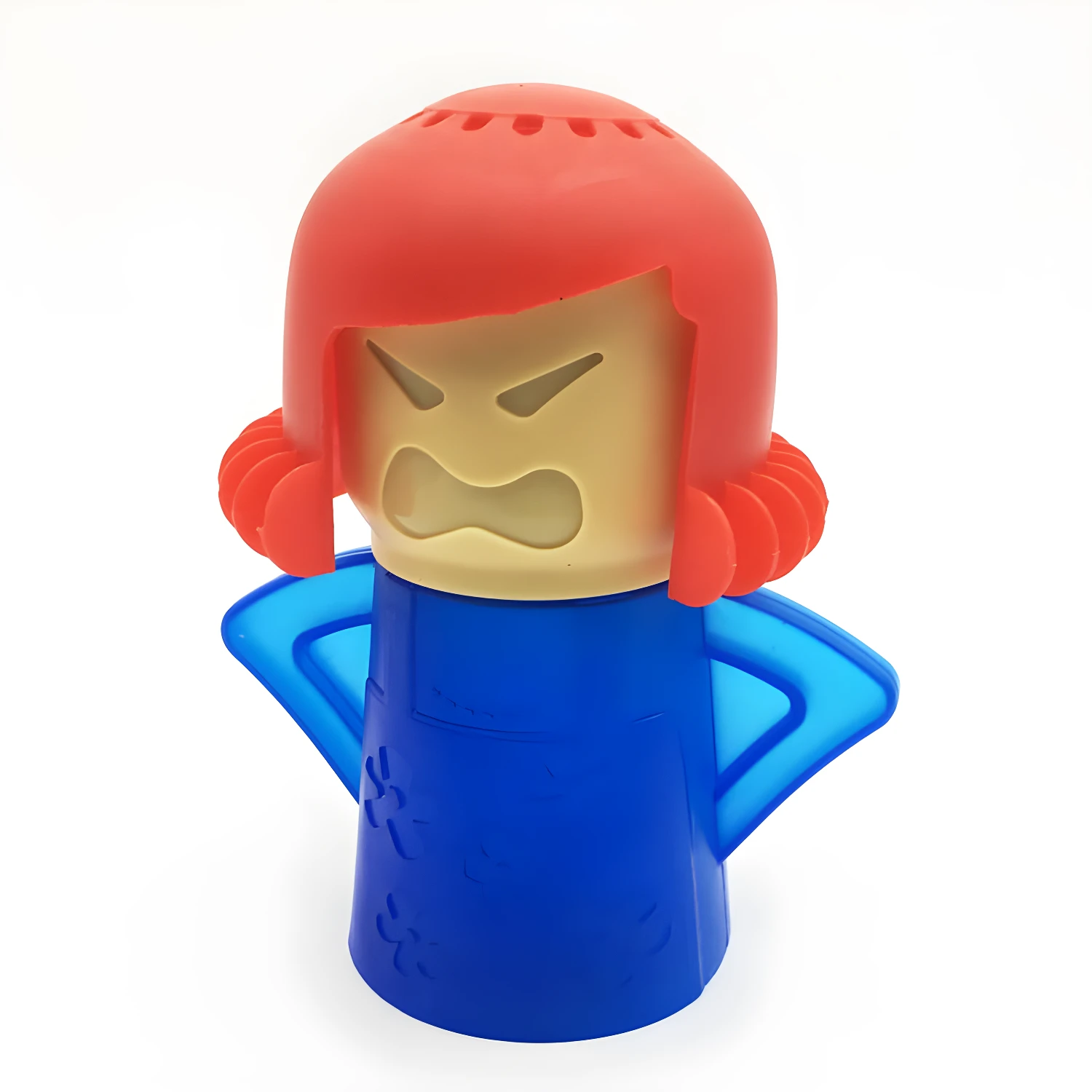 Set x2 limpiador de microondas: figura femenina roja y azul con cara de enfado.