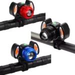 Linterna bicicleta delantera zoom 1000lm: roja, negra y azul, montadas en manubrio.