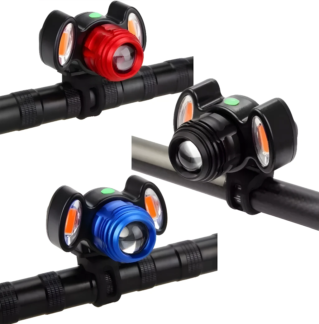 Linterna bicicleta delantera zoom 1000lm: roja, negra y azul, montadas en manubrio.