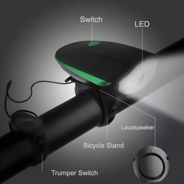 Linterna para bicicleta con pito, luz LED y altavoz, montada en el manillar.