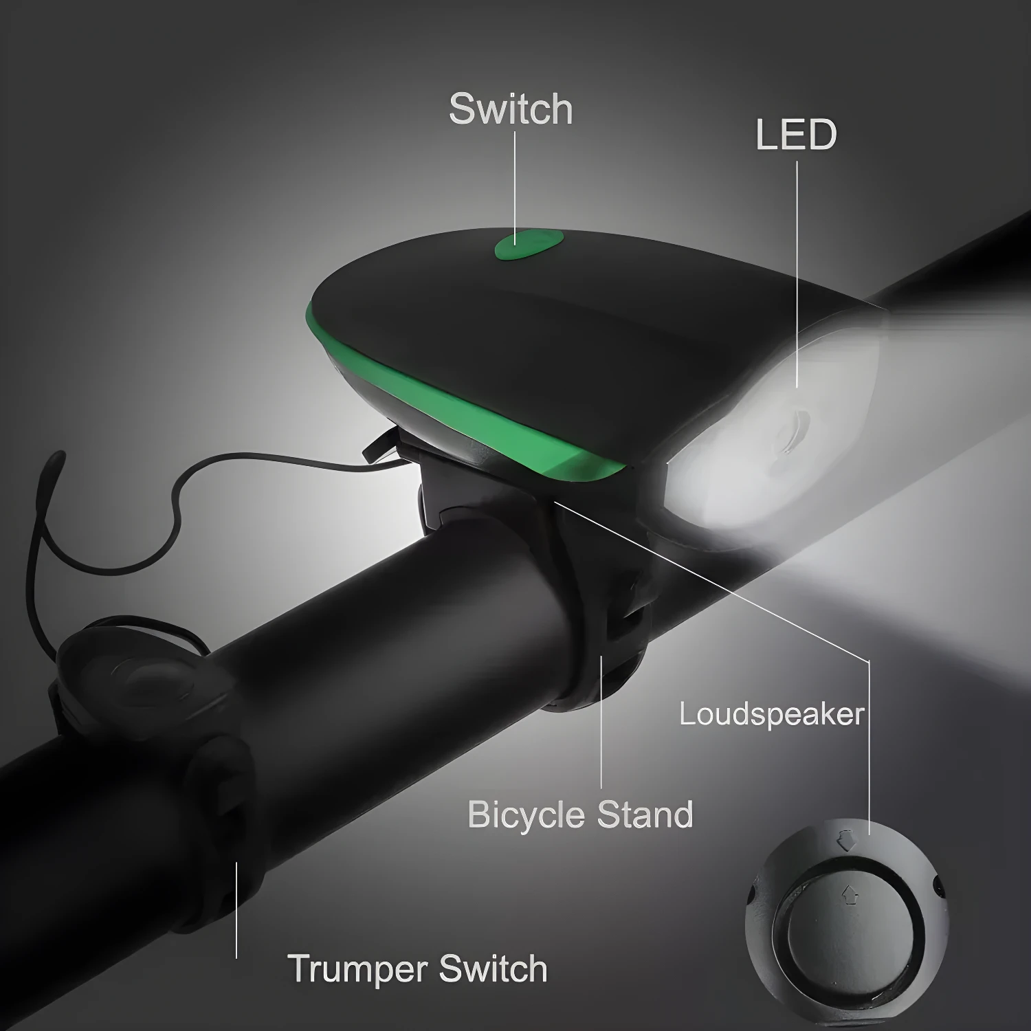 Linterna para bicicleta con pito, luz LED y altavoz, montada en el manillar.