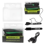 Linterna con pito para bicicleta, carga micro USB, incluye soportes y cable.
