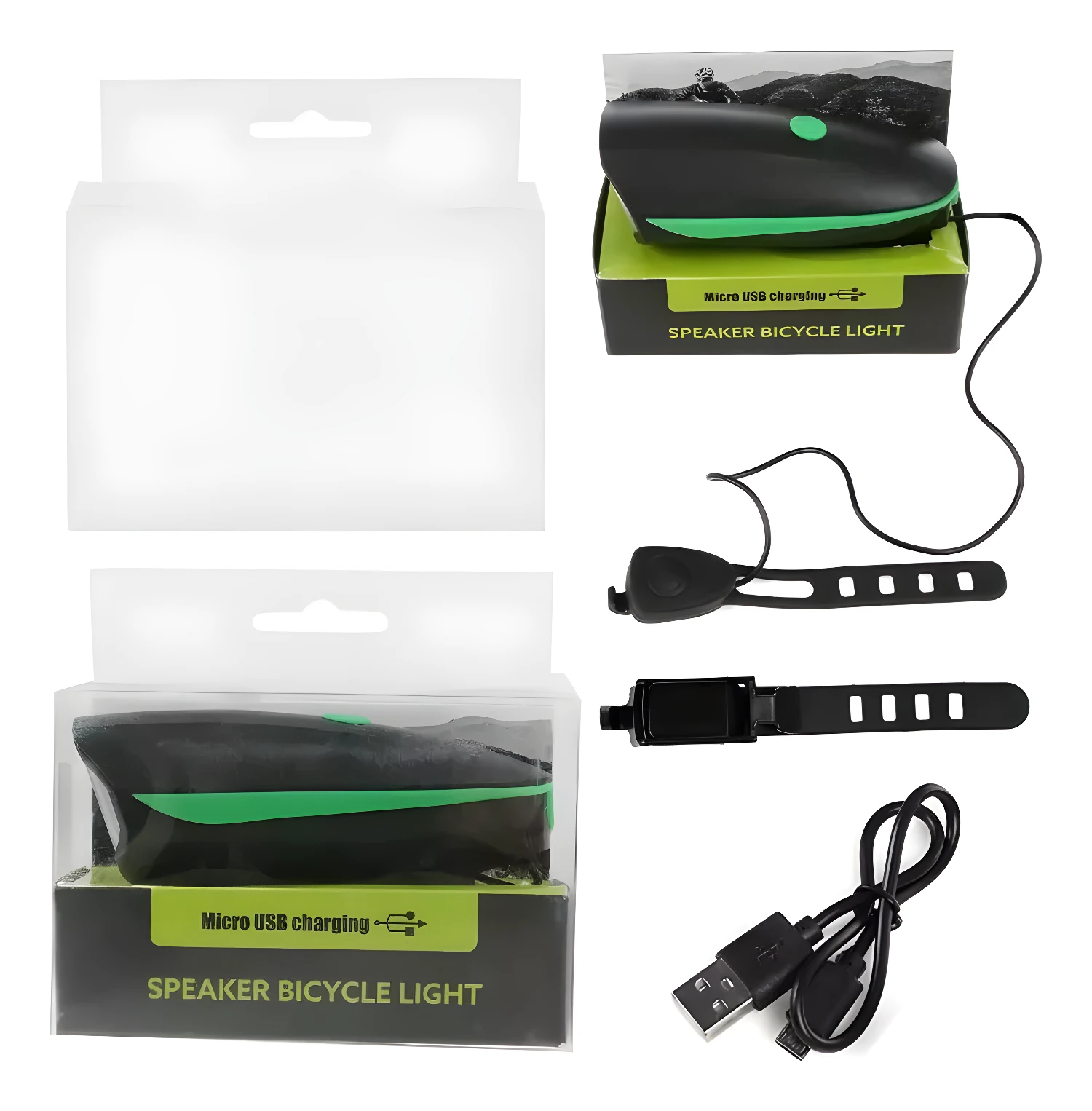 Linterna con pito para bicicleta, carga micro USB, incluye soportes y cable.
