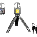Linterna llavero multiusos recargable en trípode con USB, ideal para camping.