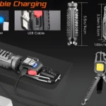 Linterna llavero recargable multiusos con indicador de carga LED y cable USB.