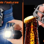 Linterna llavero multiusos abridor de botellas con LED brillante, ideal para camping y emergencias.