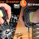 Linterna llavero recargable multiusos: rompevidrios y destornillador con puntas intercambiables.
