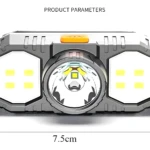 Linterna minera frontal manos libres USB con 4 LEDs blancos y lente central brillante.