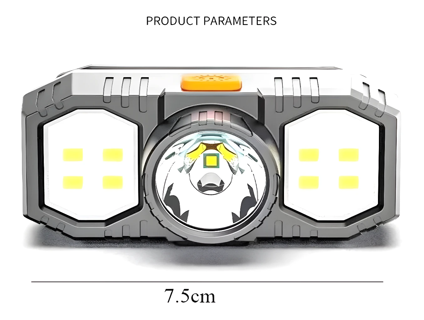 Linterna minera frontal manos libres USB con 4 LEDs blancos y lente central brillante.