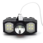 Linterna minera frontal USB recargable con 2 paneles LED laterales y foco central potente.