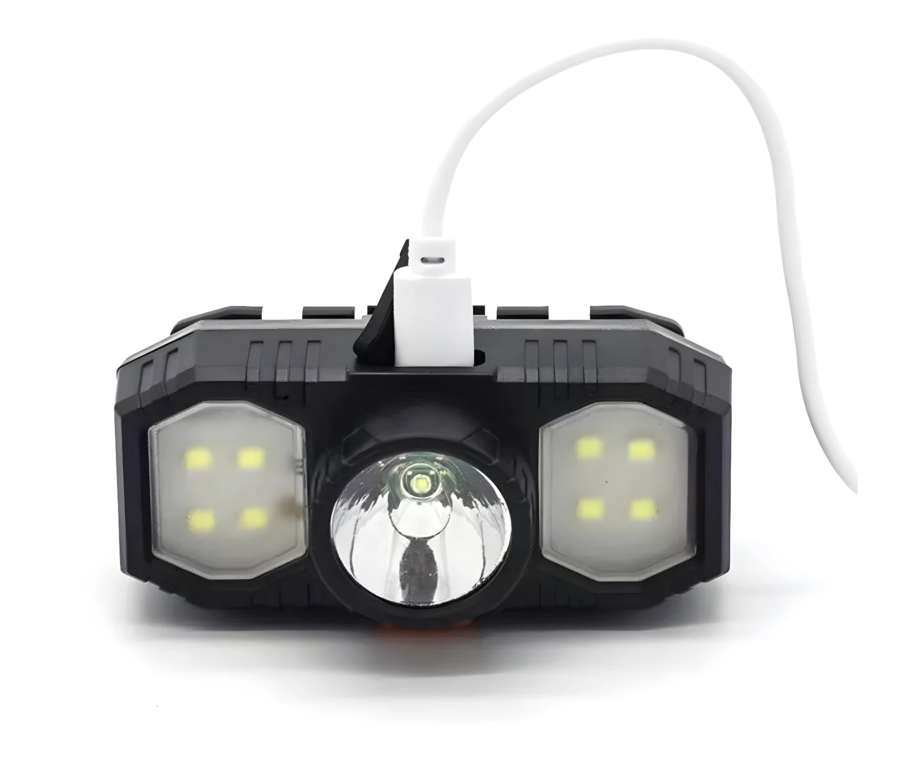 Linterna minera frontal USB recargable con 2 paneles LED laterales y foco central potente.