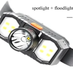 Linterna minera frontal manos libres USB con foco y luz amplia.