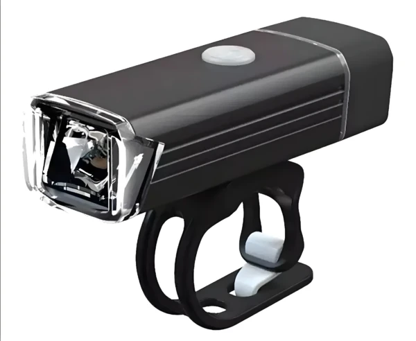 Luz frontal recargable USB para bicicleta, negra, con soporte de montaje.