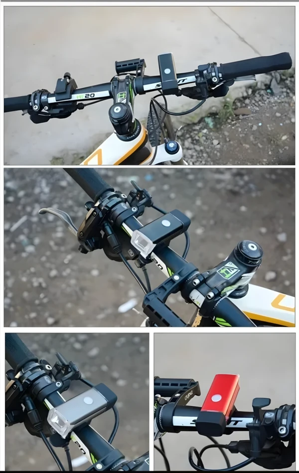 Luz delantera recargable USB para bicicleta, montada en manillar de bicicleta de montaña.