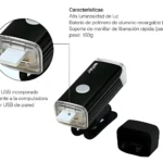 Luz linterna recargable USB para bicicleta, alta luminosidad, soporte de manillar, 150g.
