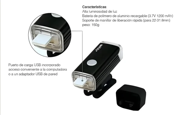 Luz linterna recargable USB para bicicleta, alta luminosidad, soporte de manillar, 150g.