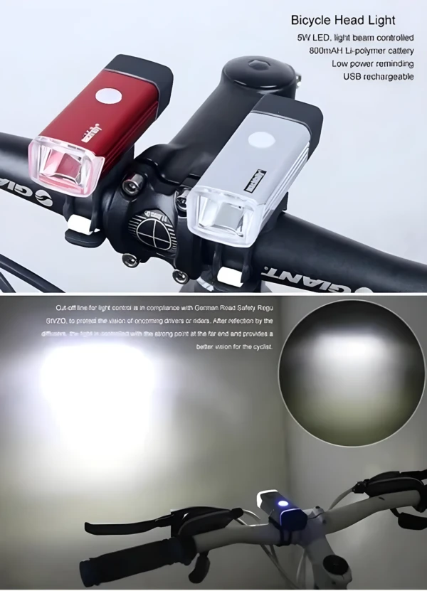 Luz LED recargable USB para bicicleta, color rojo y plateado, con haz controlado.