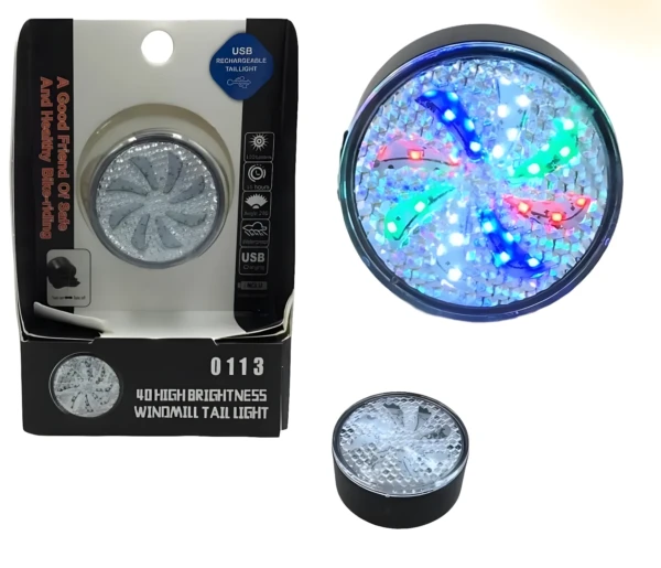Luz trasera de bicicleta Aqy-0113 USB recargable de alta luminosidad con diseño de molino.