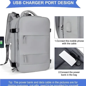 Maleta de viaje Amazon gris con puerto USB externo para cargar dispositivos.
