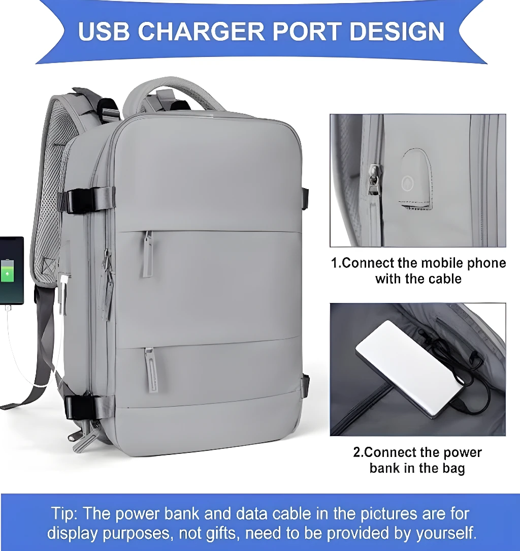 Maleta de viaje Amazon gris con puerto USB externo para cargar dispositivos.