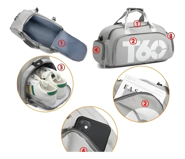 Maleta impermeable de gimnasio con compartimentos para zapatos, móvil y documentos.