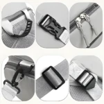 Maleta impermeable para gimnasio, detalles de cremalleras, hebillas y correas ajustables.