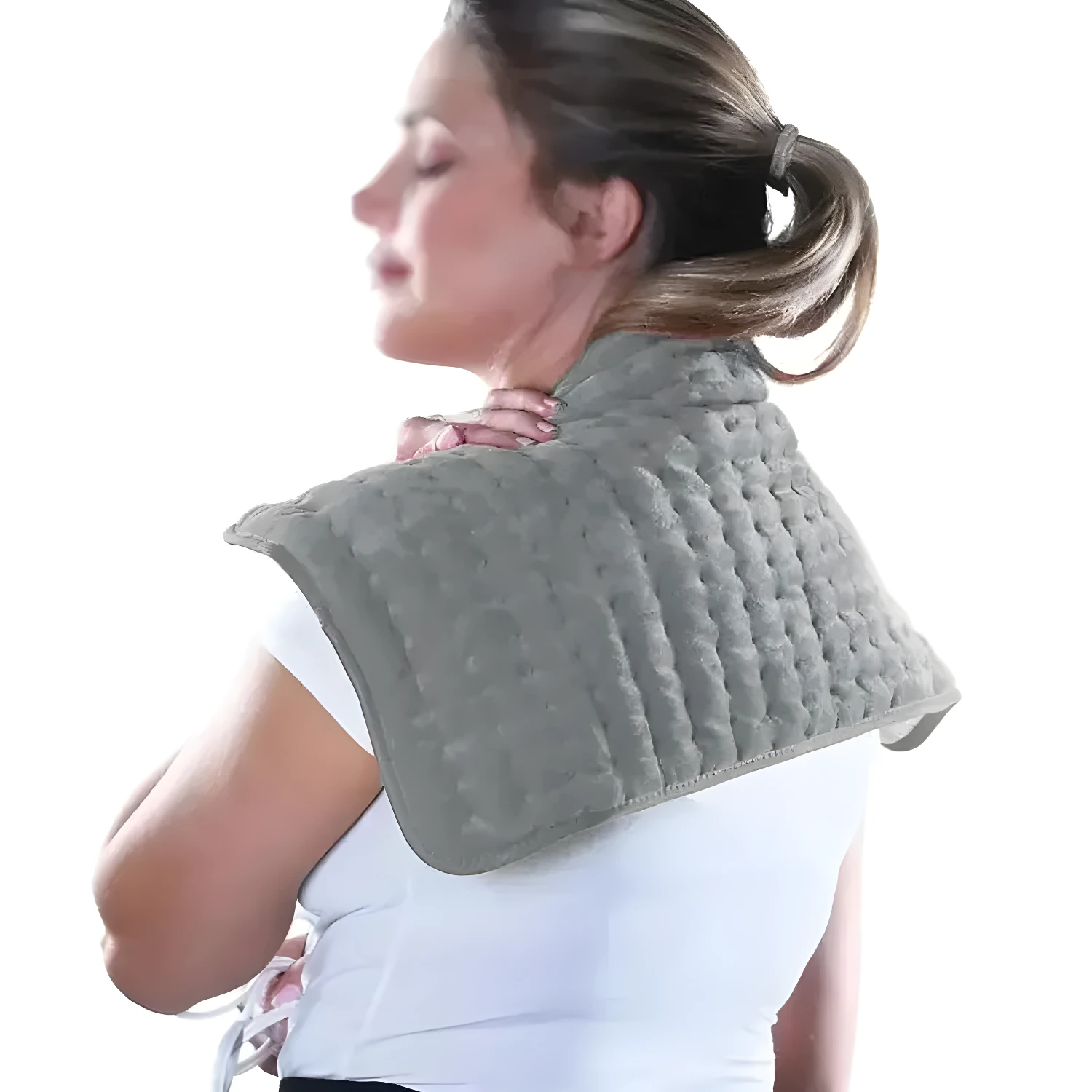 Manta almohadilla térmica eléctrica gris para el cuello y hombros, ideal para aliviar el dolor.