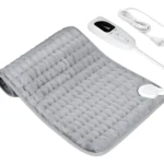 Manta almohadilla térmica eléctrica gris con control de temperatura y temporizador.