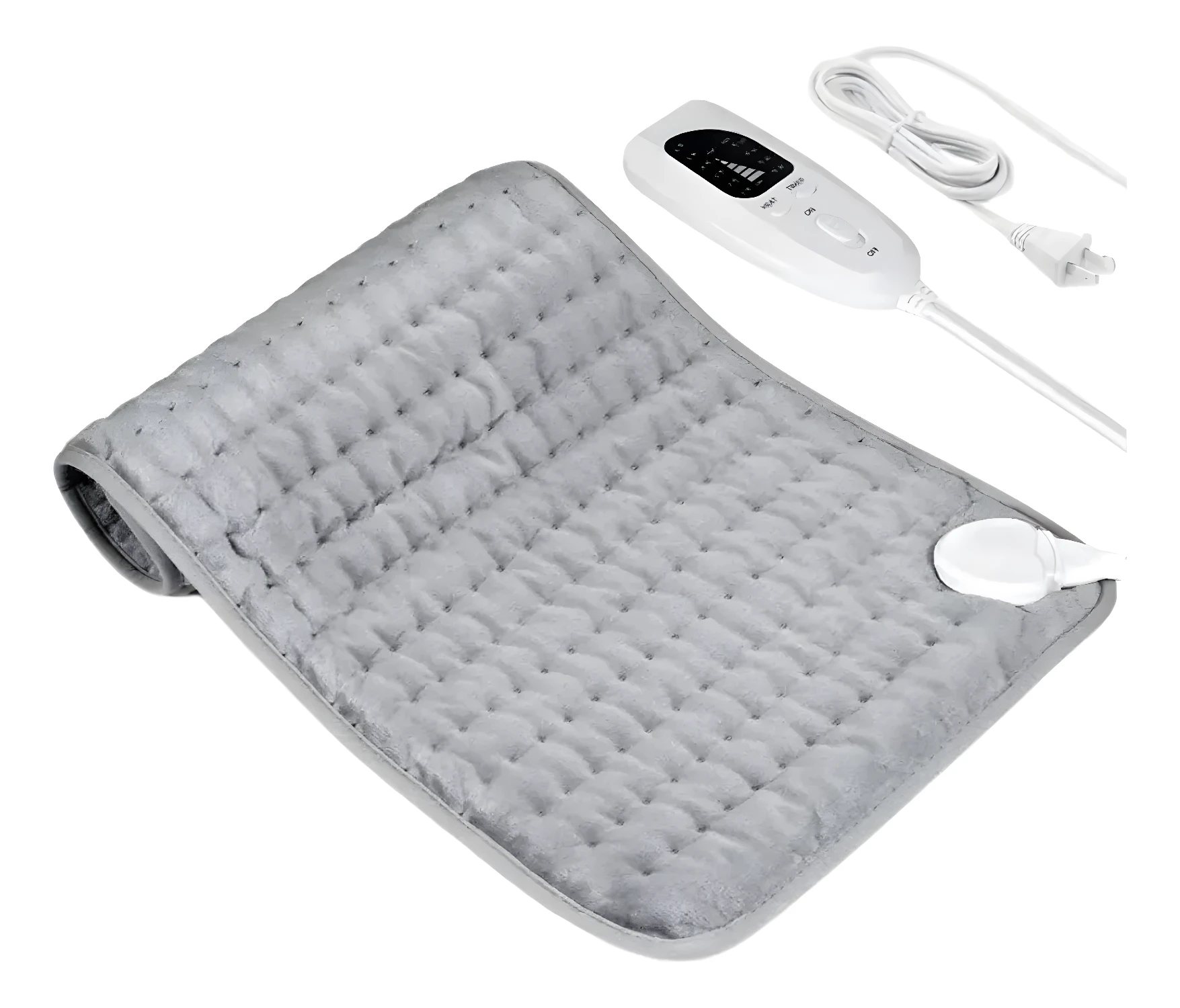Manta almohadilla térmica eléctrica gris con control de temperatura y temporizador.