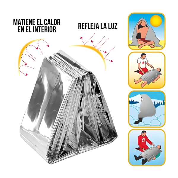 Manta térmica plateada para mantener calor en emergencias y reflejar luz solar.