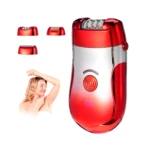 Depiladora Kemei dama OMC-482 roja con accesorios y modelo mostrando axila.