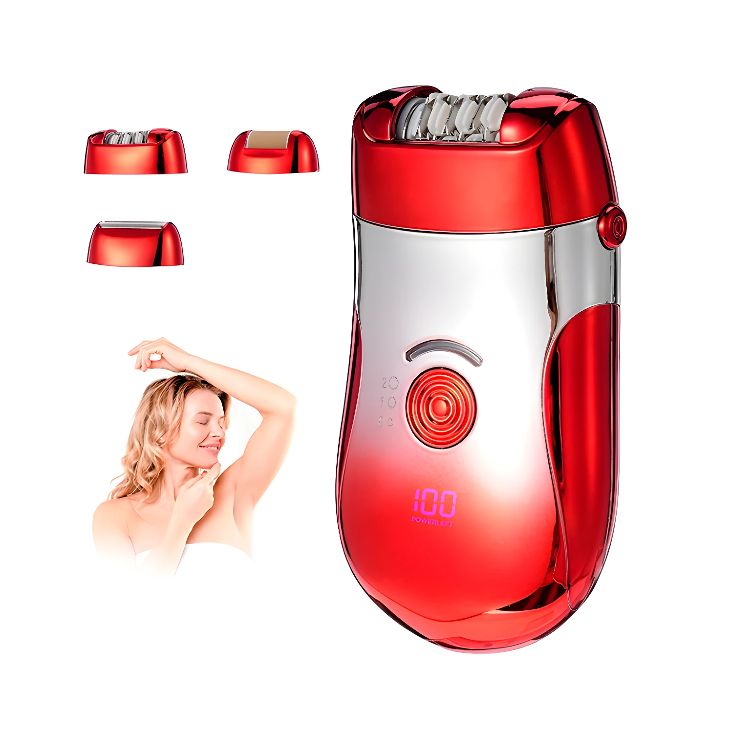 Depiladora Kemei dama OMC-482 roja con accesorios y modelo mostrando axila.