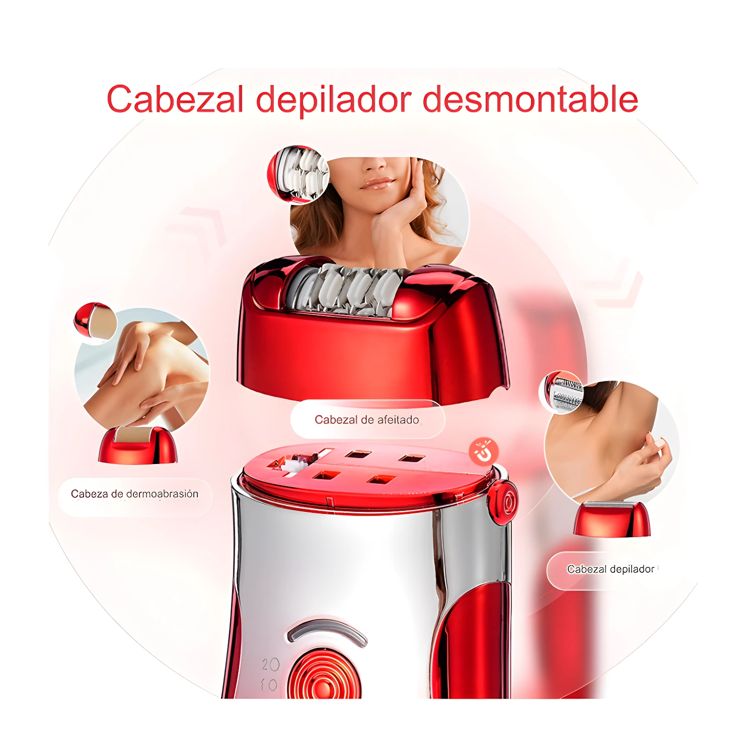 Máquina depiladora Kemei dama desmontable: cabezal depilador, afeitado y dermoabrasión.
