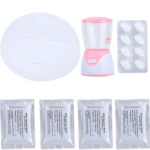 Máquina para hacer mascarillas faciales con pastillas efervescentes y mascarilla facial en blanco.