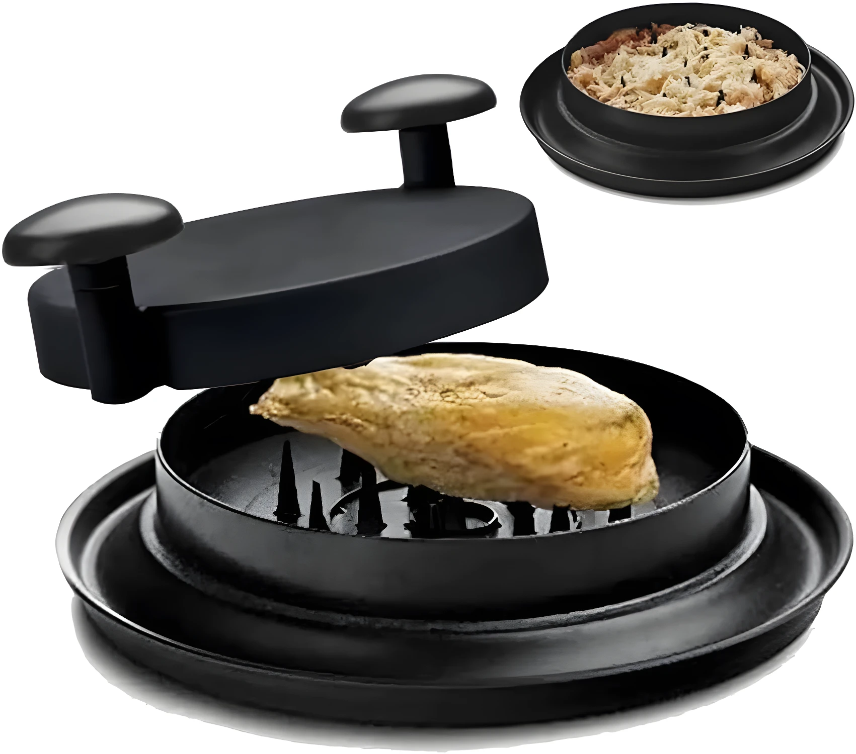 Máquina trituradora de pollo con asas negras y pollo deshebrado dentro.