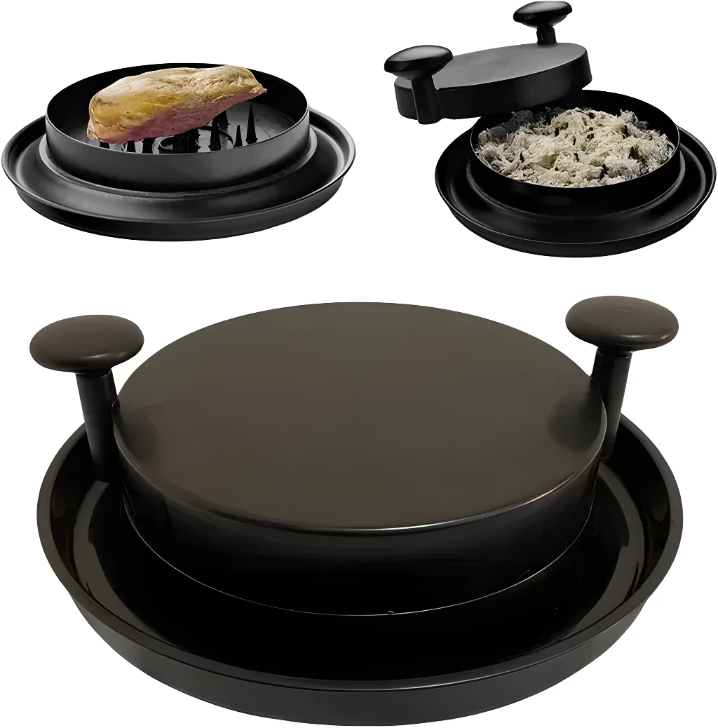 Máquina trituradora de pollo negra con mango, ideal para desmenuzar carne.