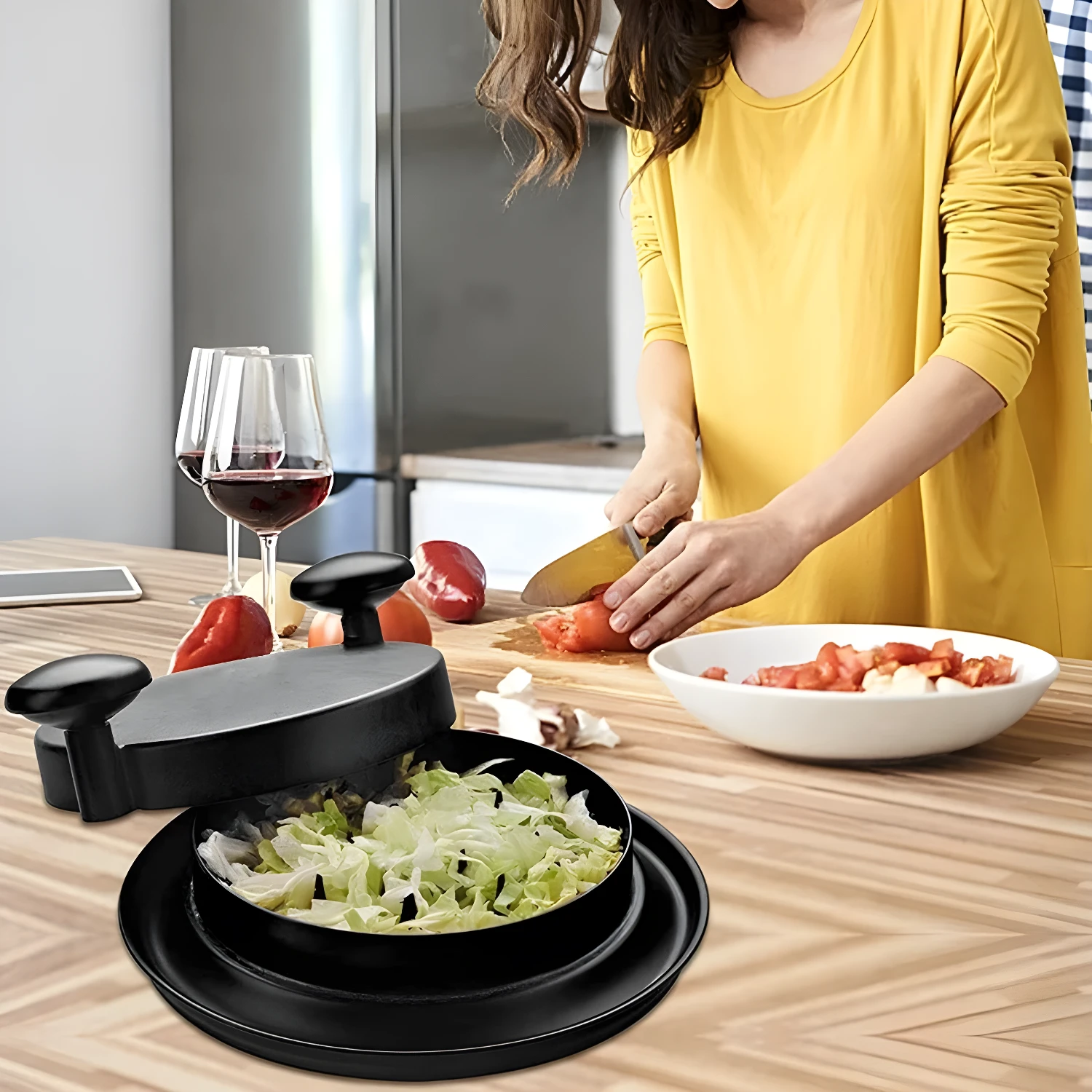 Máquina trituradora de pollo sobre mesa de cocina, cortando tomates para ensalada.