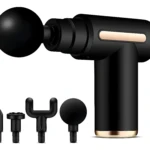 Martillo masajeador portátil USB, negro con 4 cabezales de masaje intercambiables.