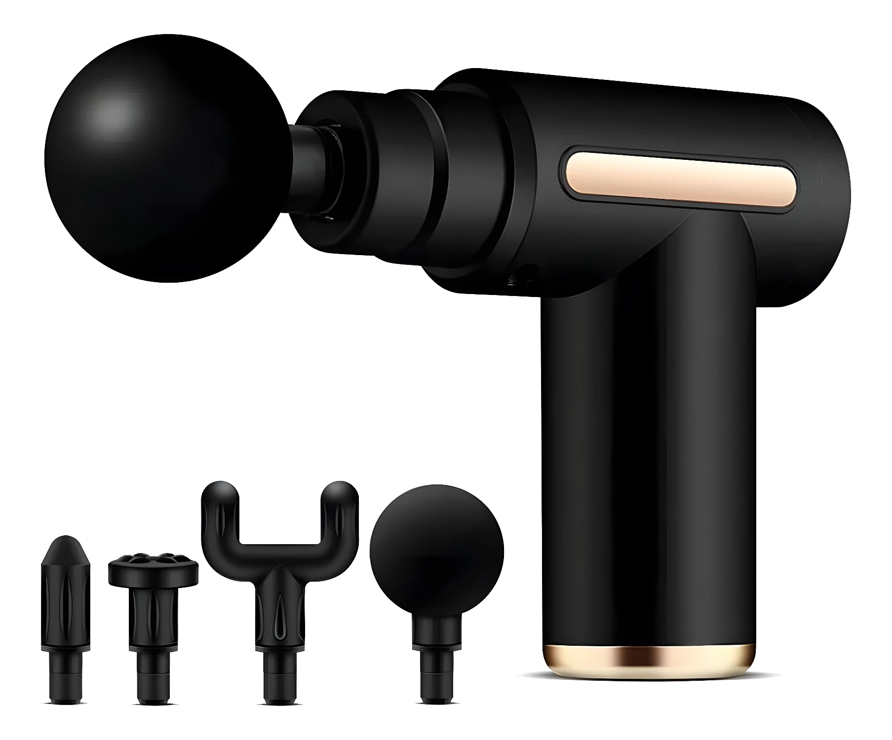 Martillo masajeador portátil USB, negro con 4 cabezales de masaje intercambiables.