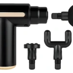 Martillo masajeador portátil USB con cabezales intercambiables para alivio muscular.