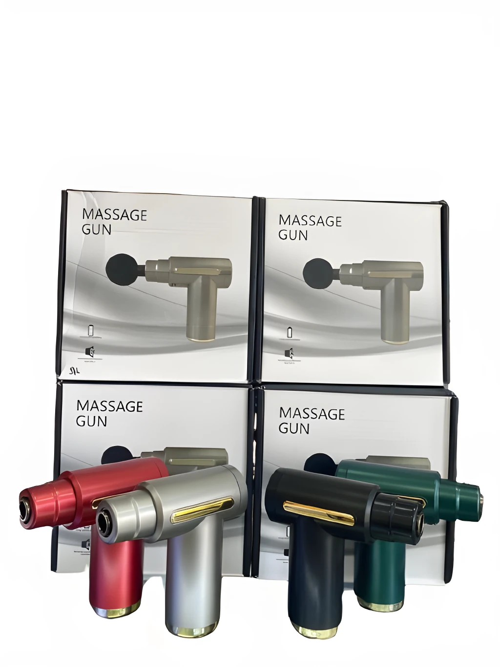 Martillo masajeador pequeño USB: rojo, plateado, negro y verde, ideal para recuperación muscular.