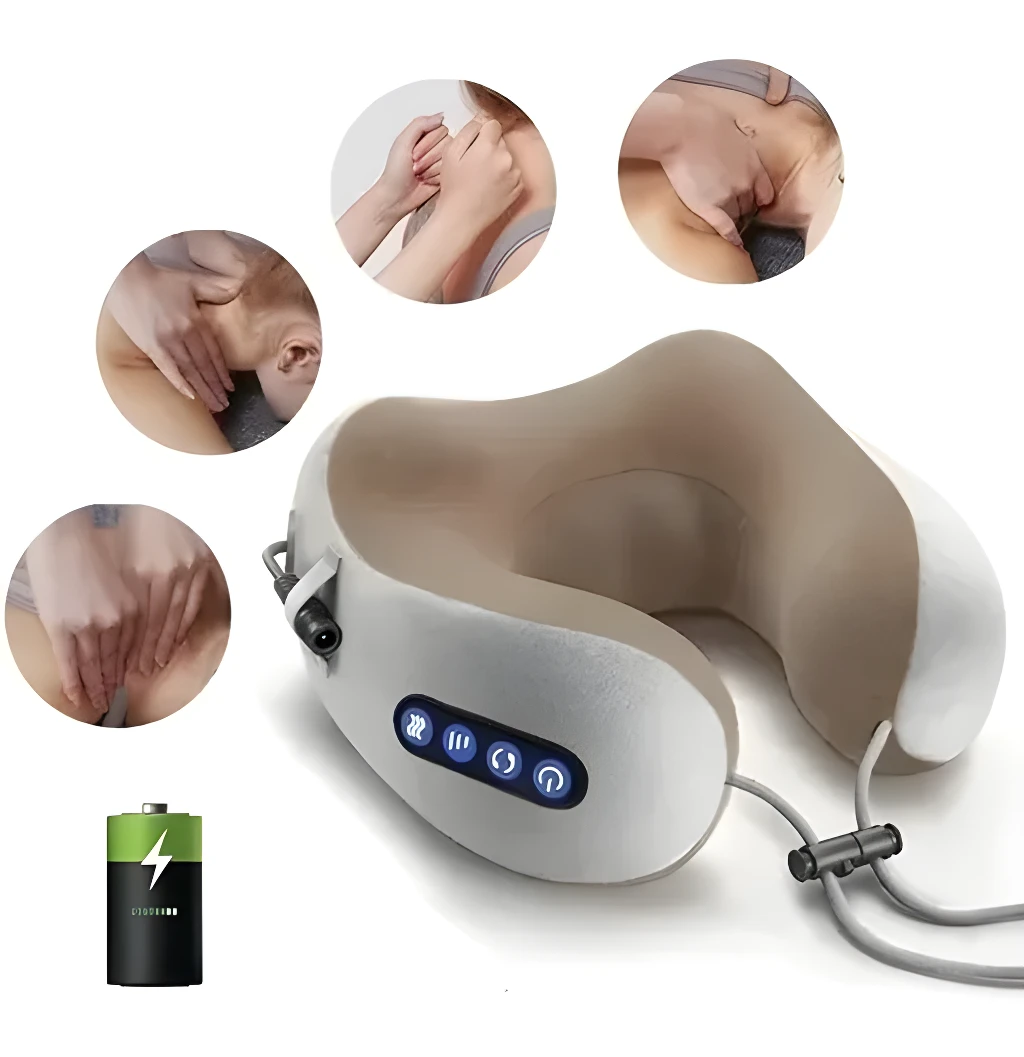 Masajeador eléctrico de cuello, cojín de viaje con recarga USB, ideal para relajar cervicales.