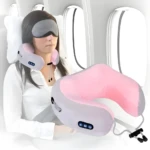 Masajeador eléctrico de cuello para viajes: cojín rosa y gris con controles, ideal para descansar en aviones.