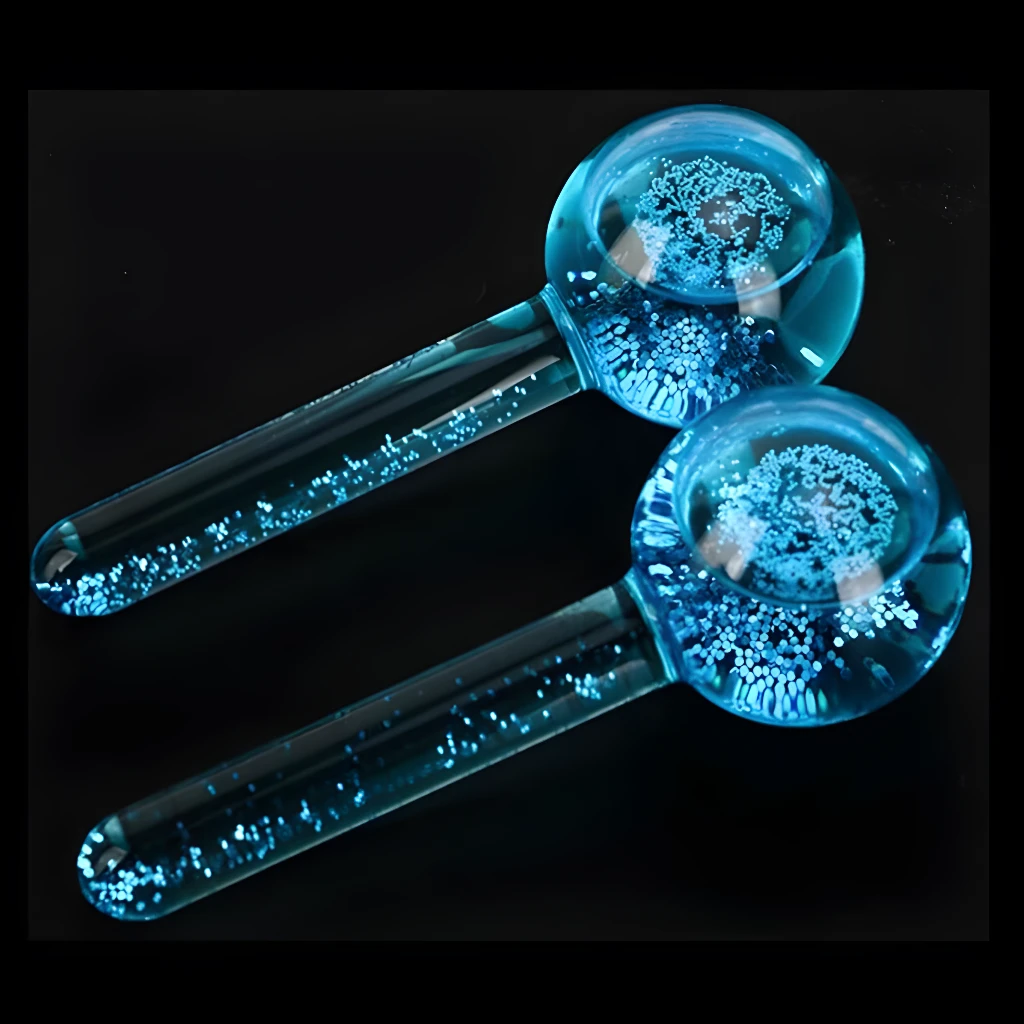 Masajeador Ice Globe X2 azul con glóbulos brillantes, ideal para el cuidado facial.