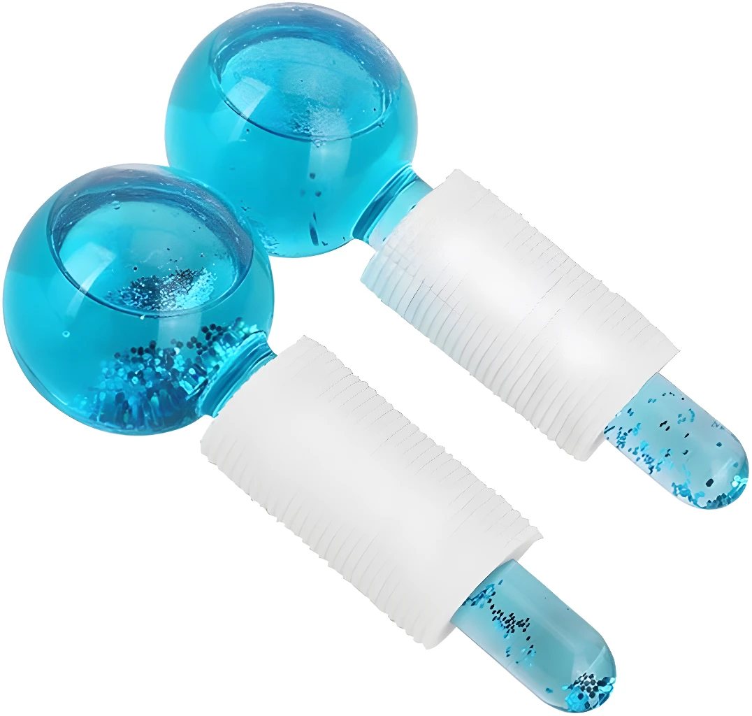 Masajeador facial Ice Globe X2, rodillos de hielo azules con glitter para cuidado de la piel.