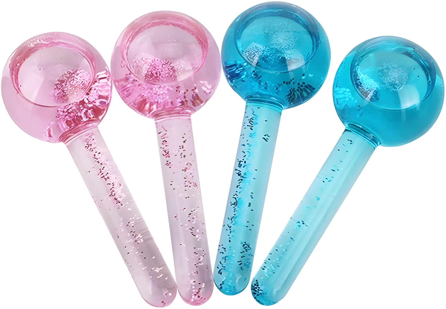 Ice Globes masajeadores faciales con brillo rosa y azul para cuidado de la piel.