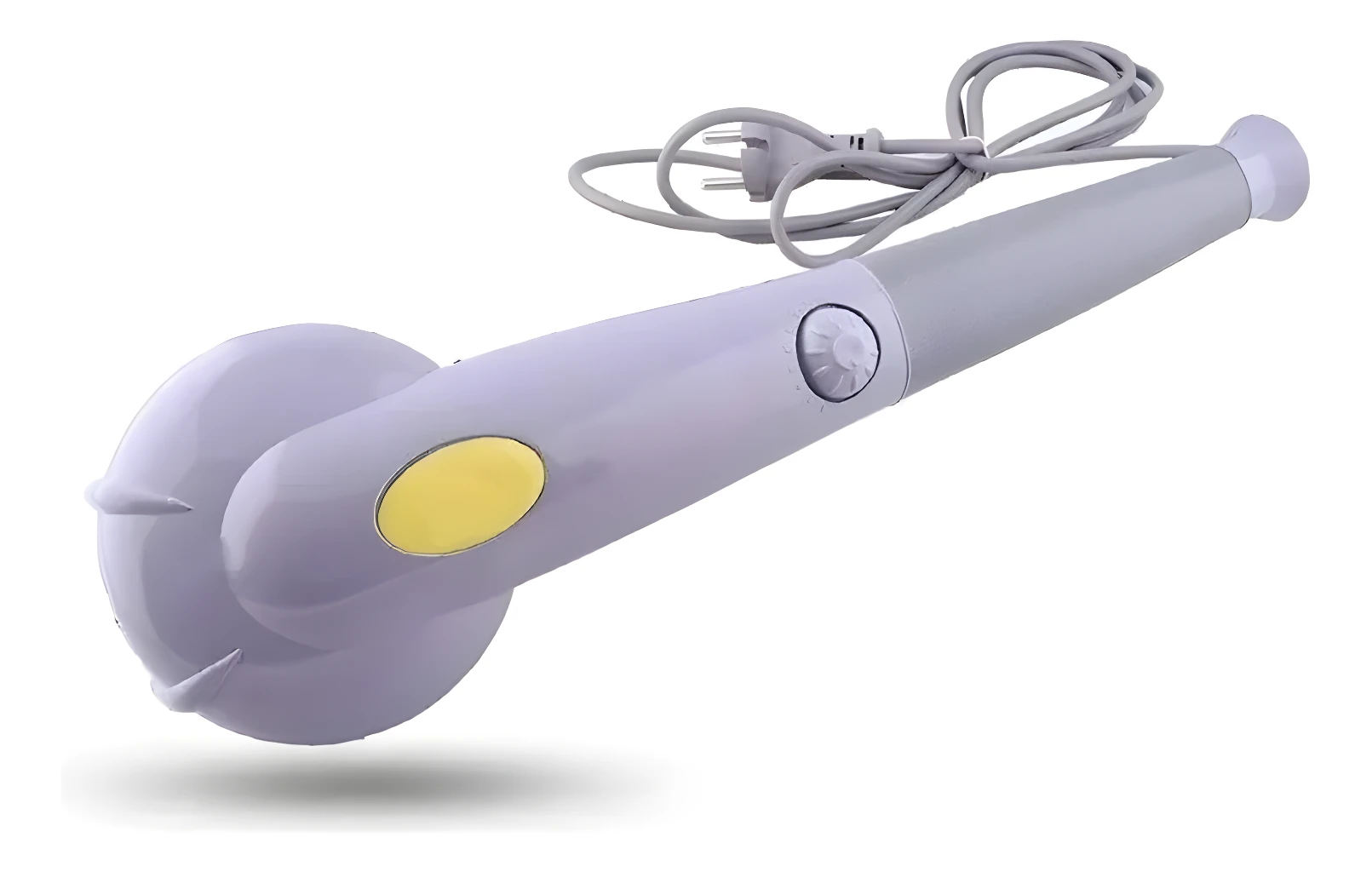 Masajeador Magic morado y gris con botón amarillo y cable de alimentación.